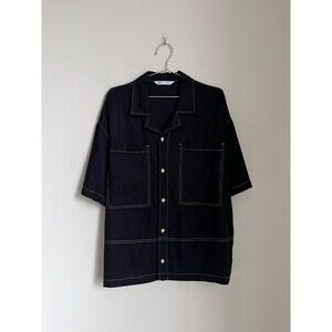 Zara Oversized Linen Blend Contrast Stitch Button Down Shirt in Black Size LARGE